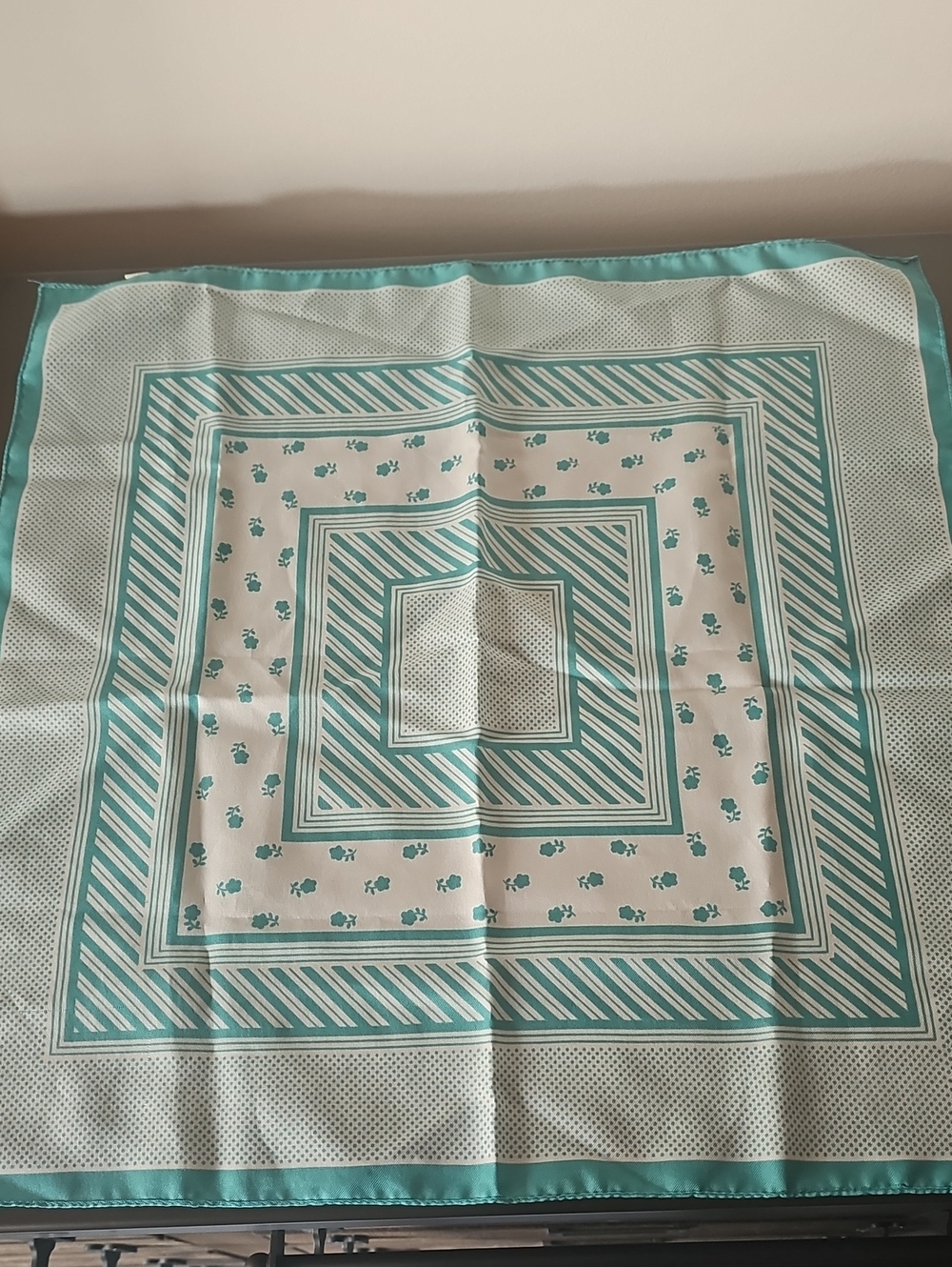 Vintage Made In ITALY Silk-Feel Aqua Teal White Square Scarf 20X20"